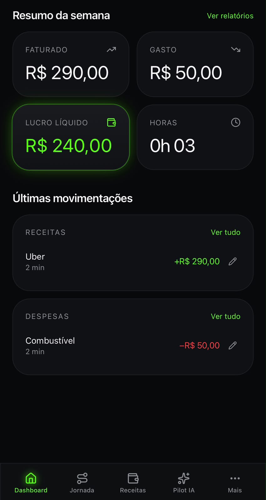 Tela Receitas do Pilot+